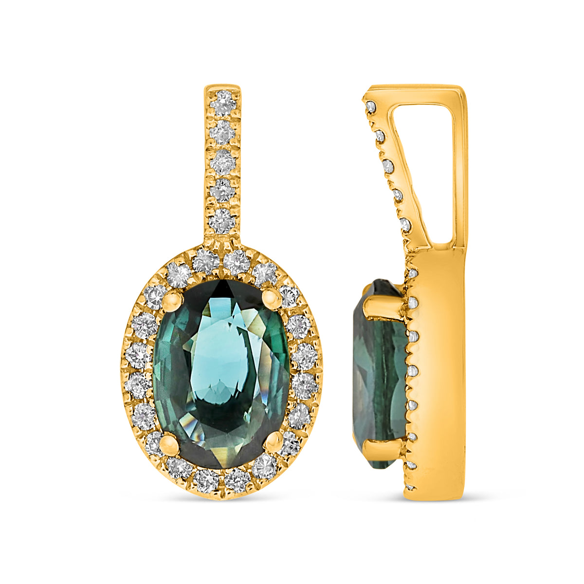 14K Yellow Gold Oval Green Sapphire Halo Pendant
