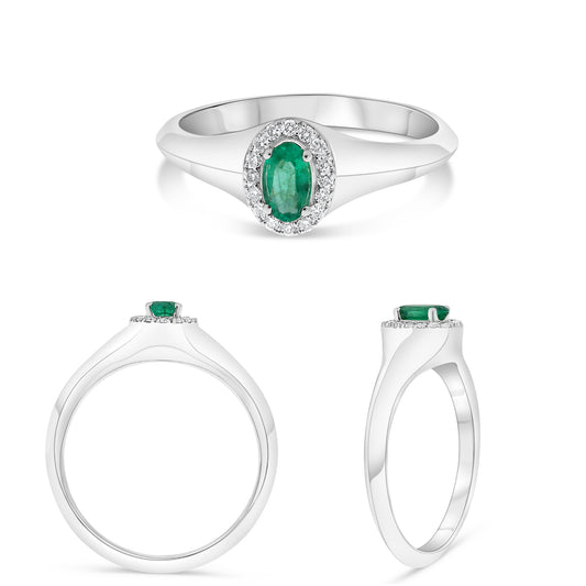 14K White Gold Oval Emerald Halo Ring