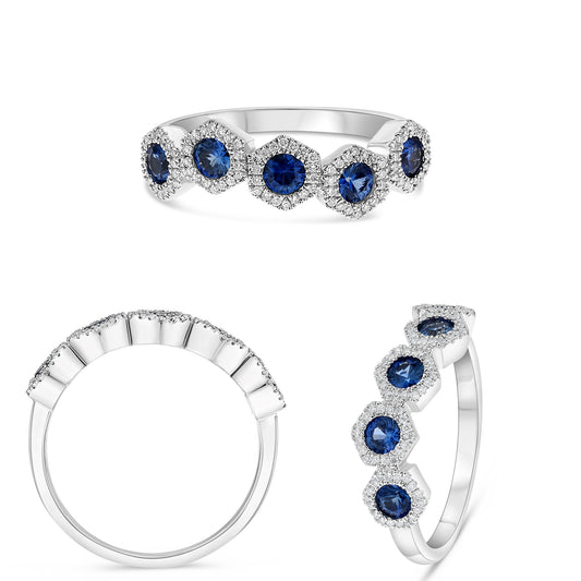 14K White Gold Round Sapphire Halo Ring