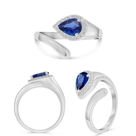 14K White Gold Pear Sapphire Halo Ring