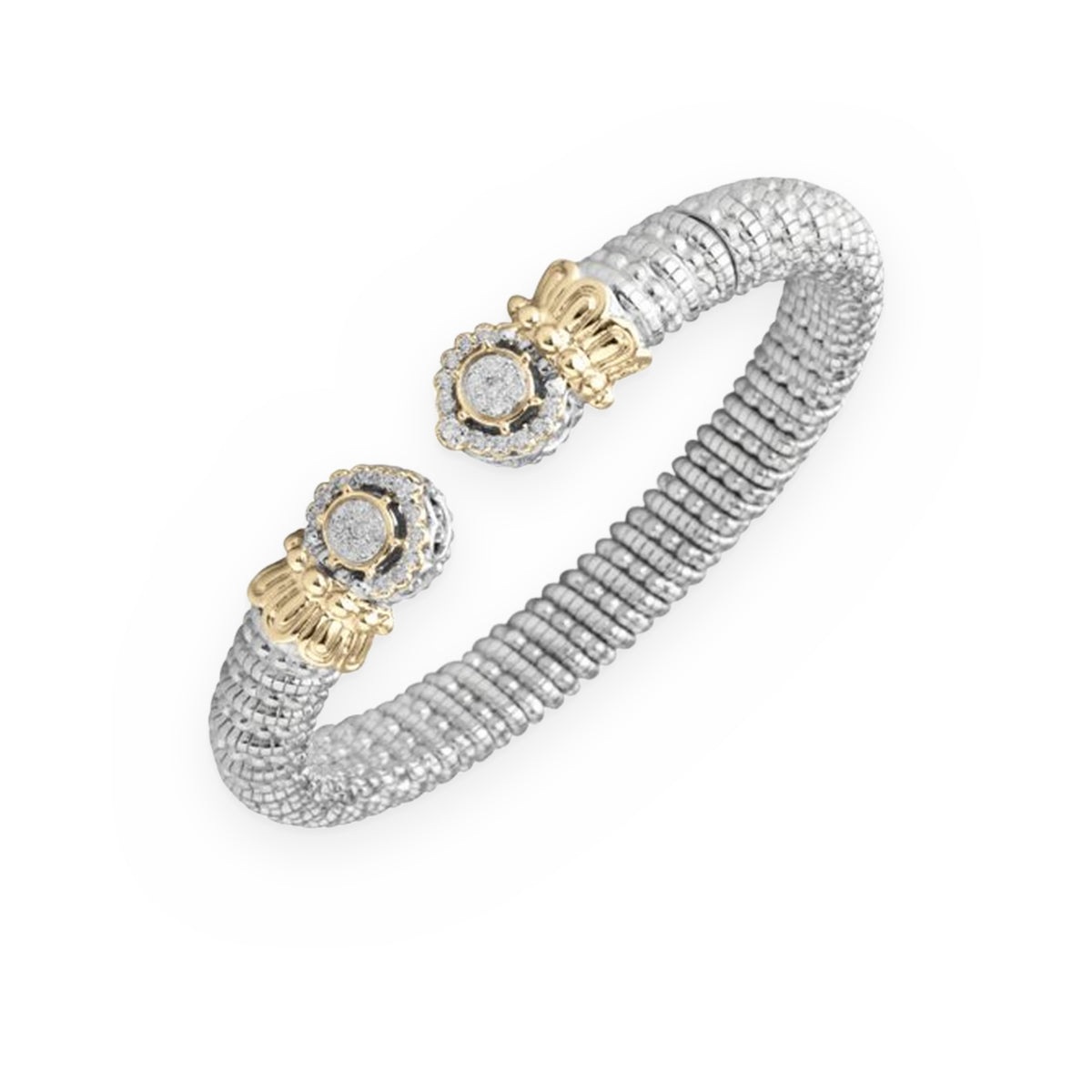 Two-tone silver and gold beaded cuff bracelet with pave diamond stations