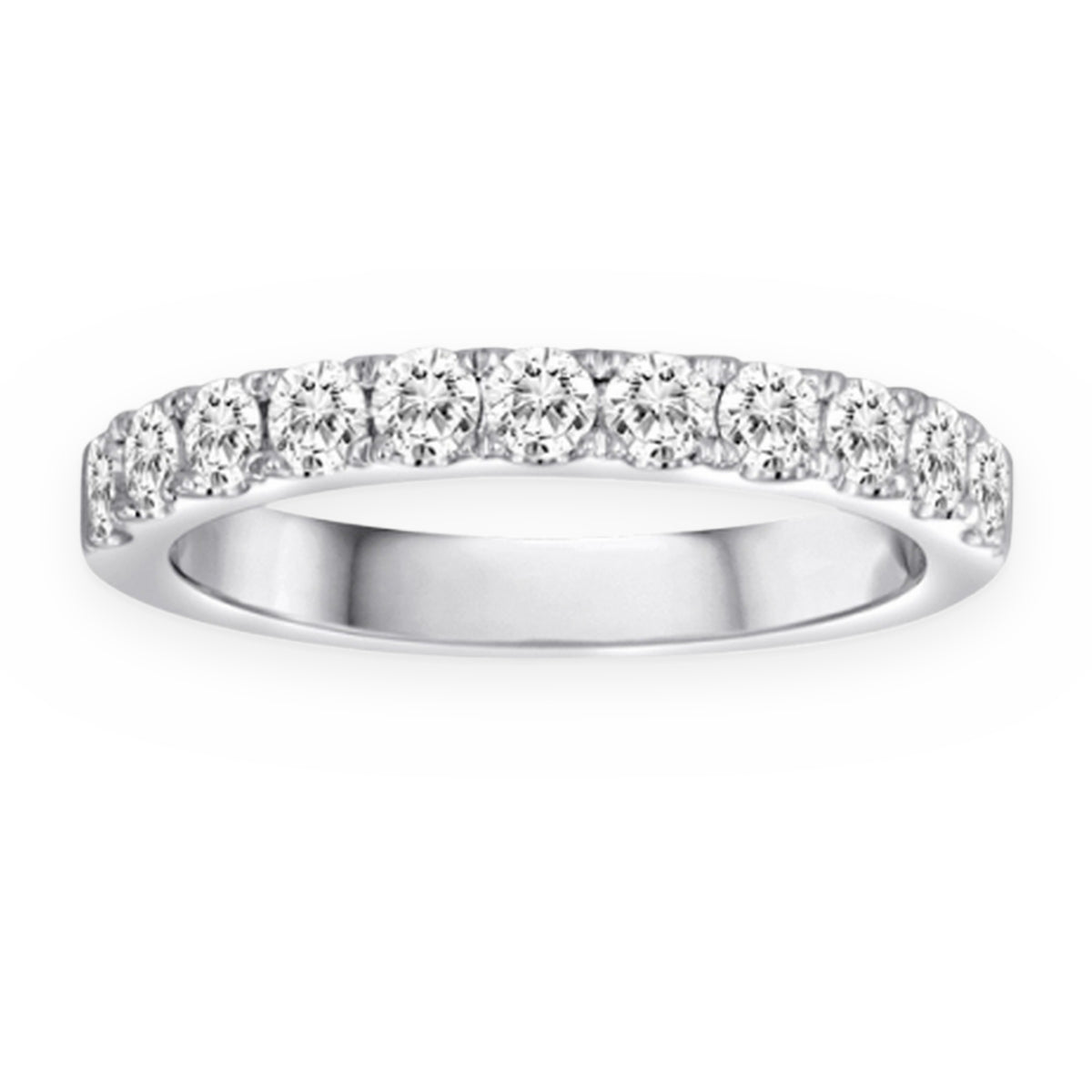 White gold prong-set round diamond wedding band, top view