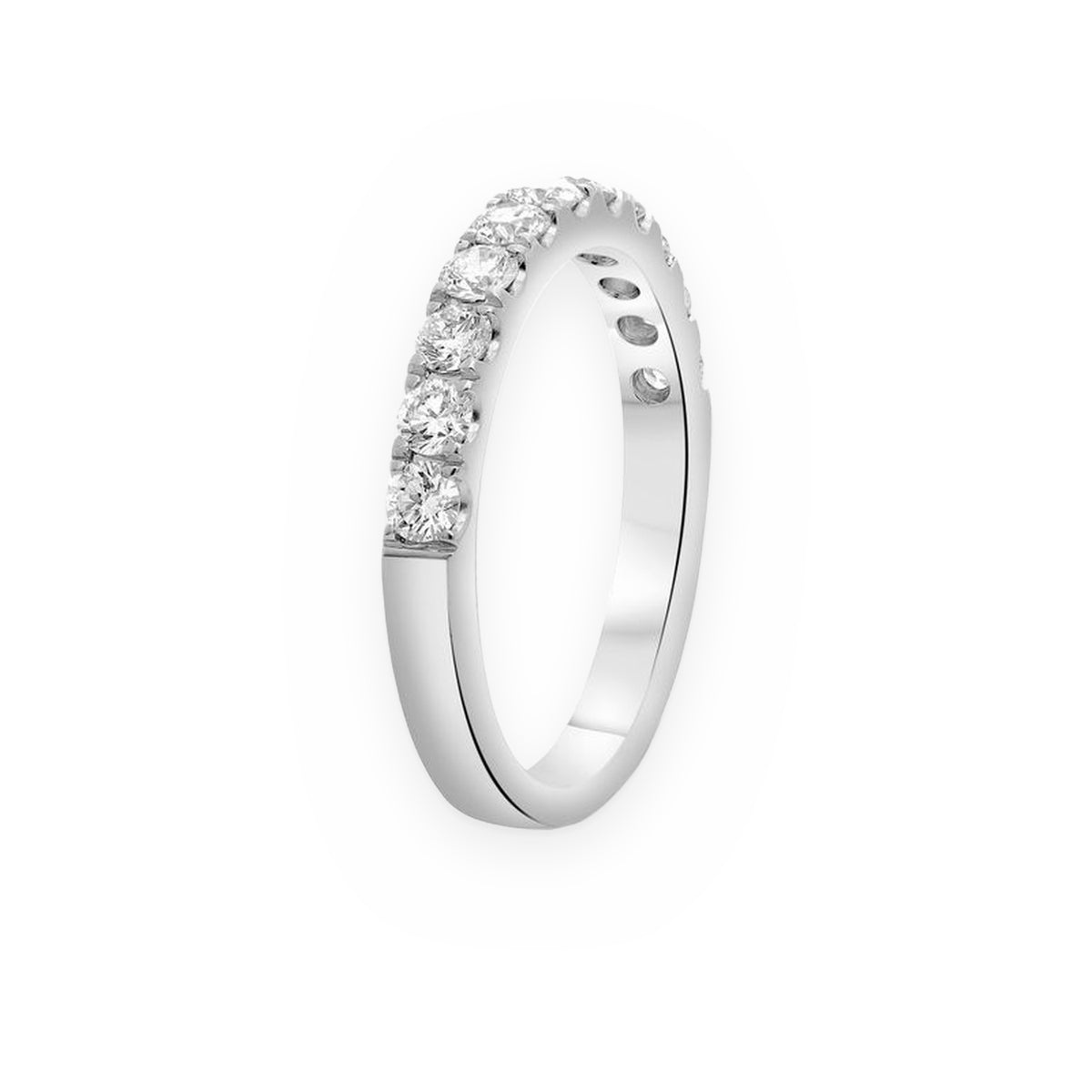 White gold prong-set round diamond wedding band, angled view
