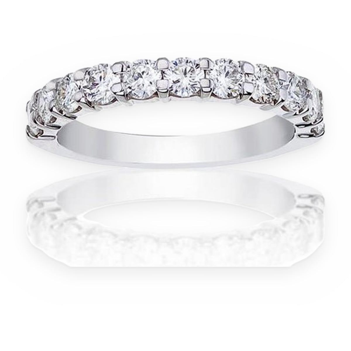 White gold channel-set round diamond wedding band, angled view