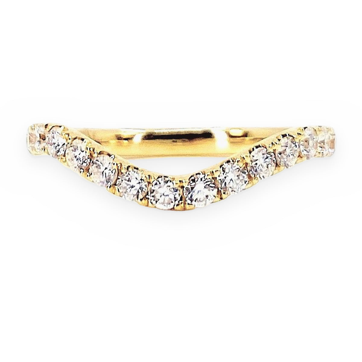 Yellow gold curved pave diamond contour wedding band, front view