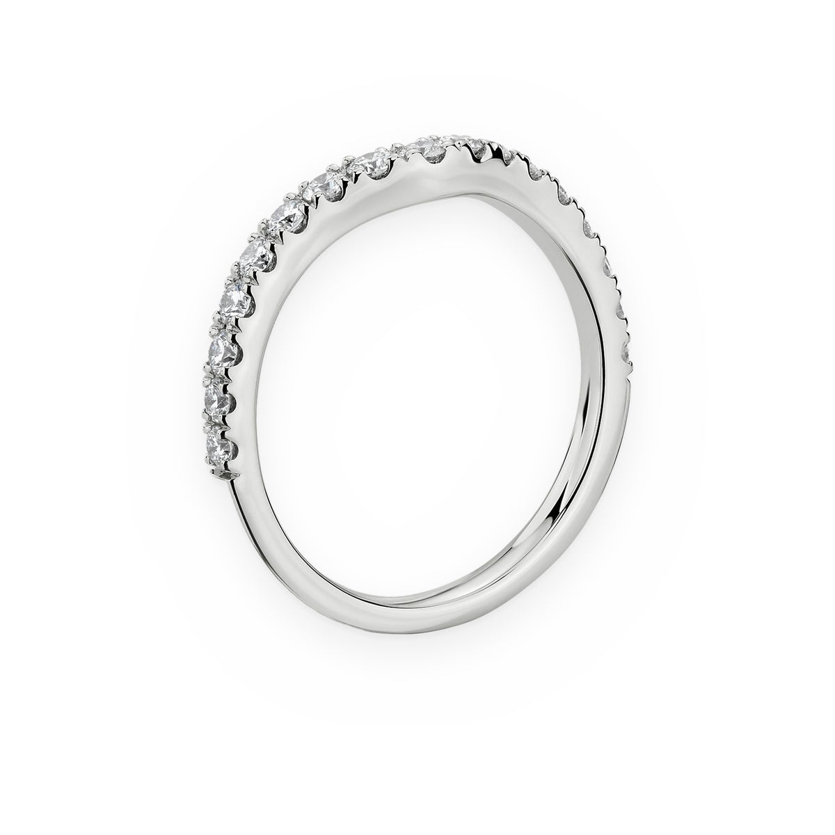 White gold pave diamond wedding band, standing angled view