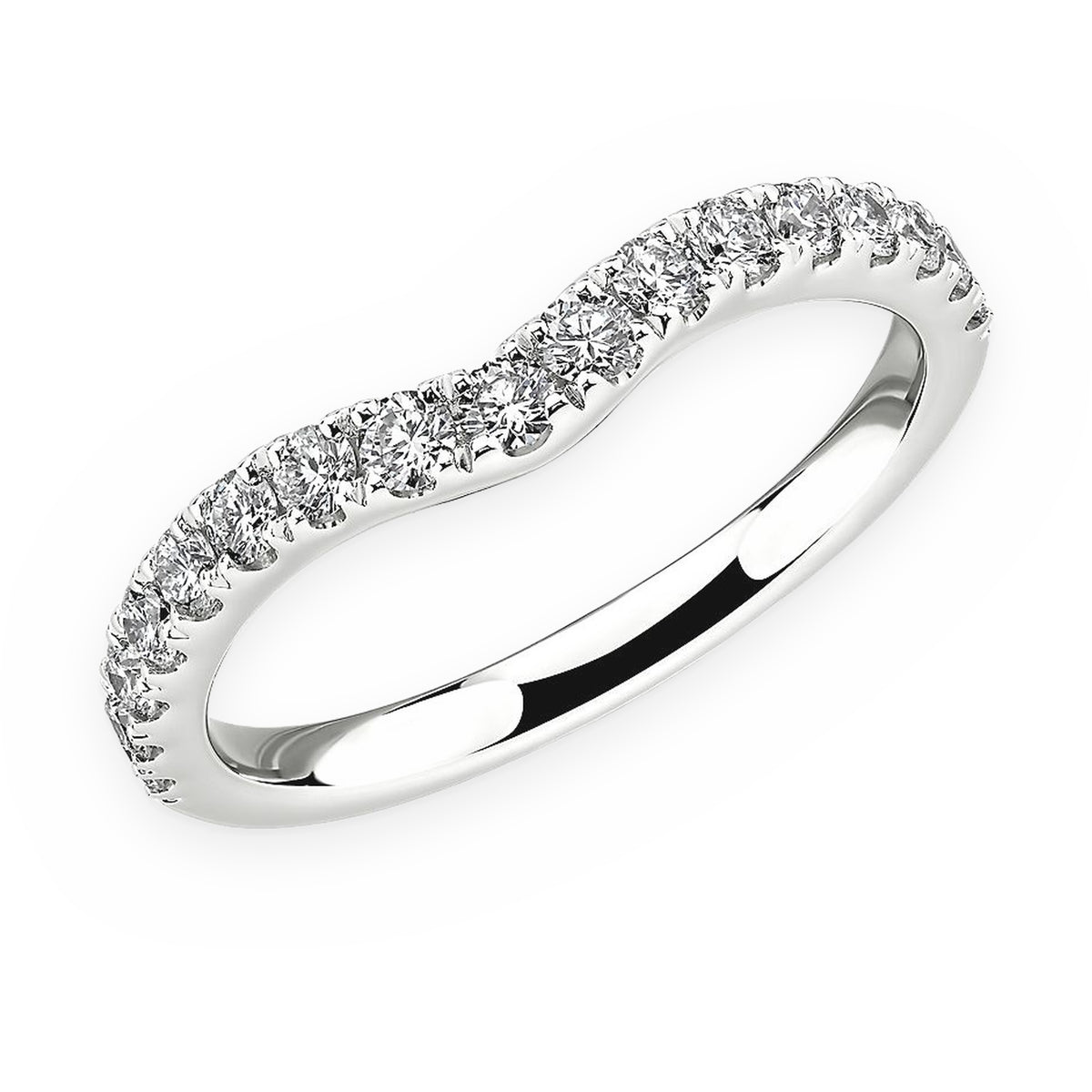 White gold curved pave diamond contour wedding band, angled view