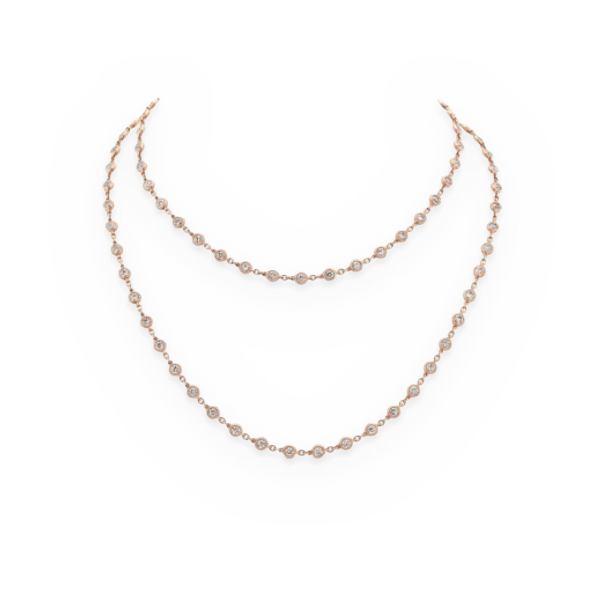 Rose gold diamonds-by-the-yard bezel station long necklace