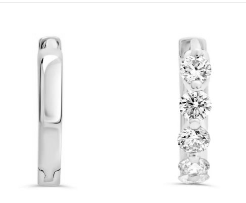 White gold diamond huggie hoop earrings, front and profile