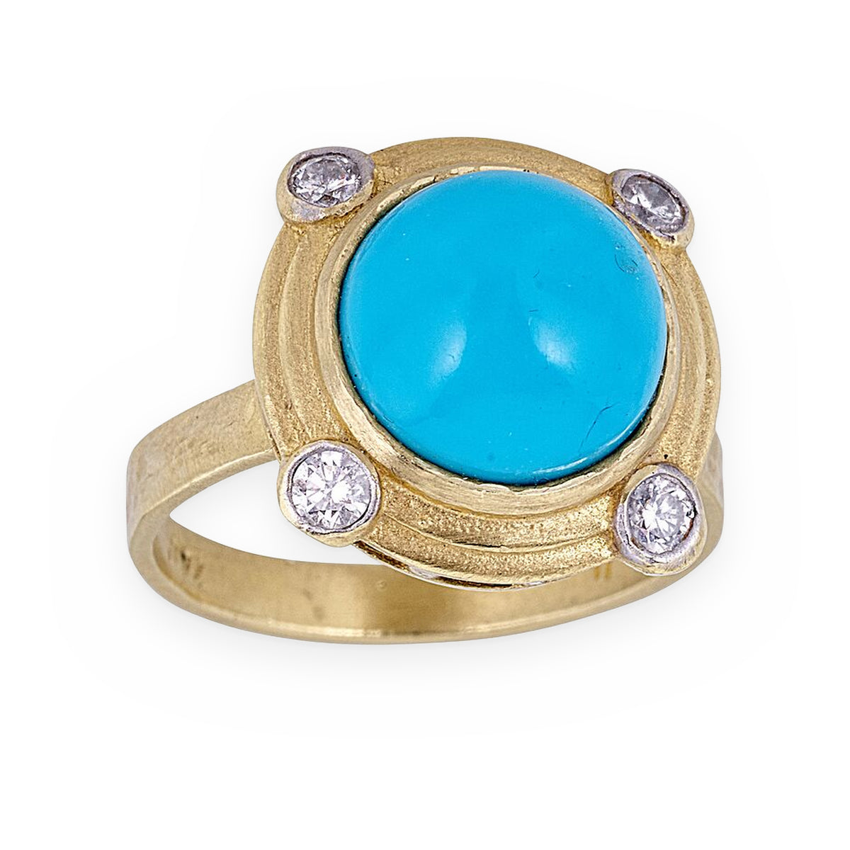 18K yellow gold turquoise cabochon ring with four bezel-set round diamond accents