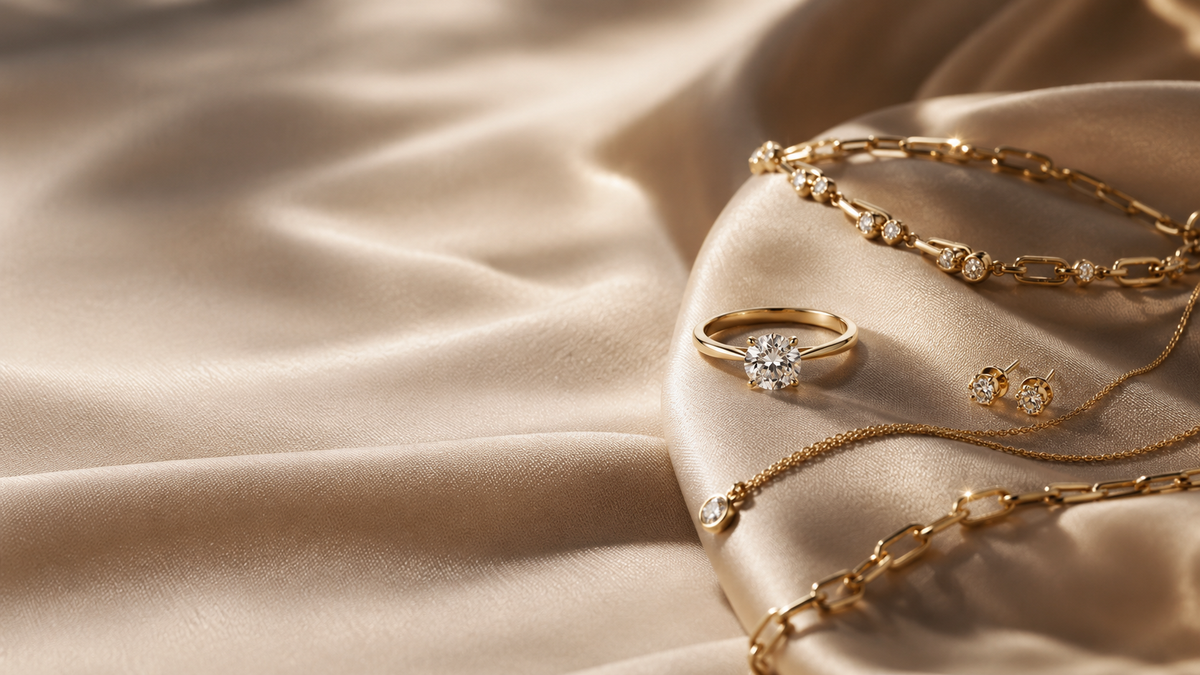 Gold jewelry on champagne silk