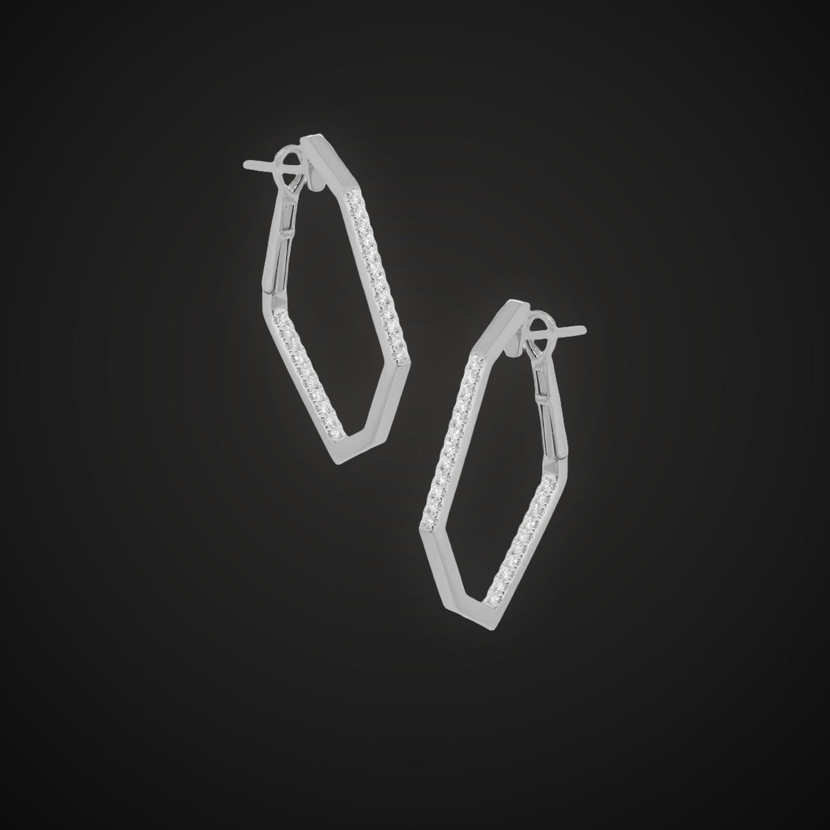 Geometric diamond hoop earrings in white gold on charcoal