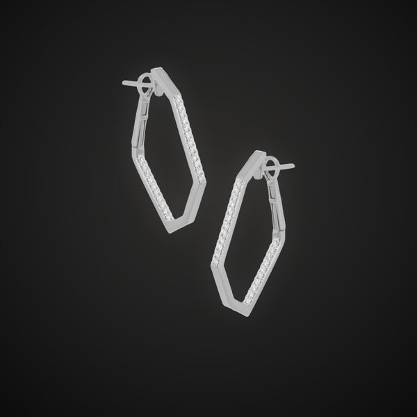 Geometric diamond hoop earrings in white gold on charcoal