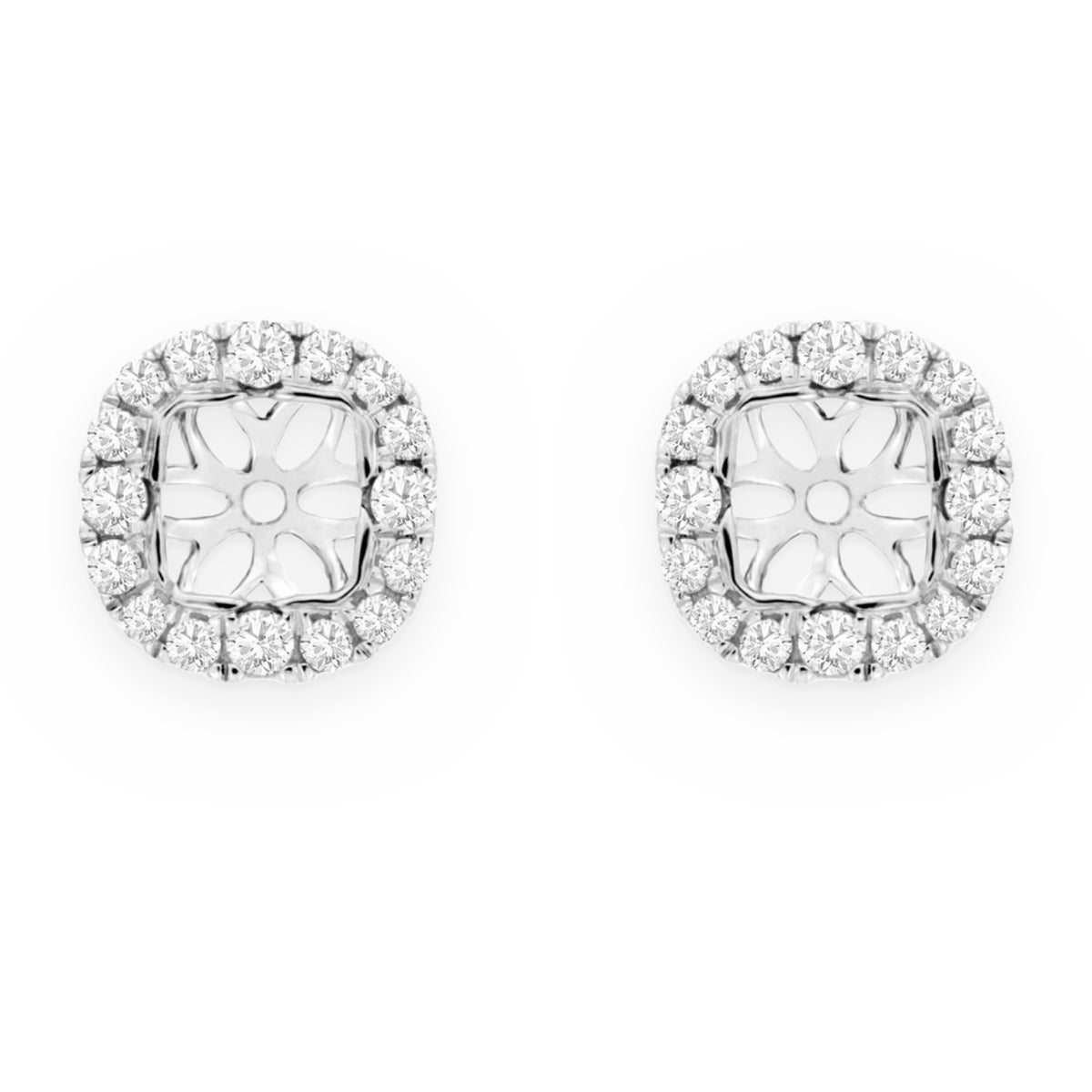 White gold cushion-shaped diamond halo earring jackets, pair