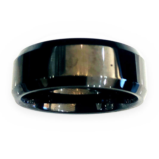 Black tungsten or ceramic men's wedding band with beveled edges and high polish