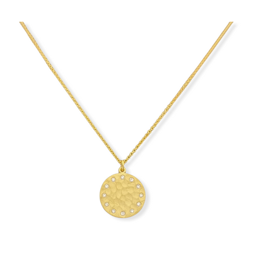 Hammered yellow gold round disc pendant rimmed with bezel-set diamonds on a gold chain