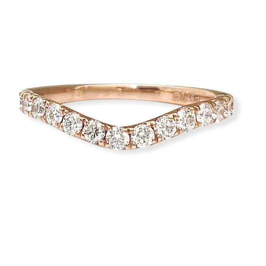 Rose gold curved diamond band with pave round diamonds