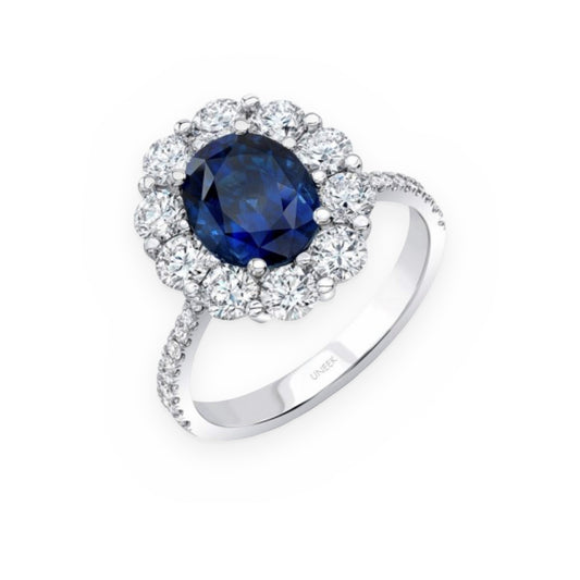 Uneek white gold oval blue sapphire ring with round diamond floral halo