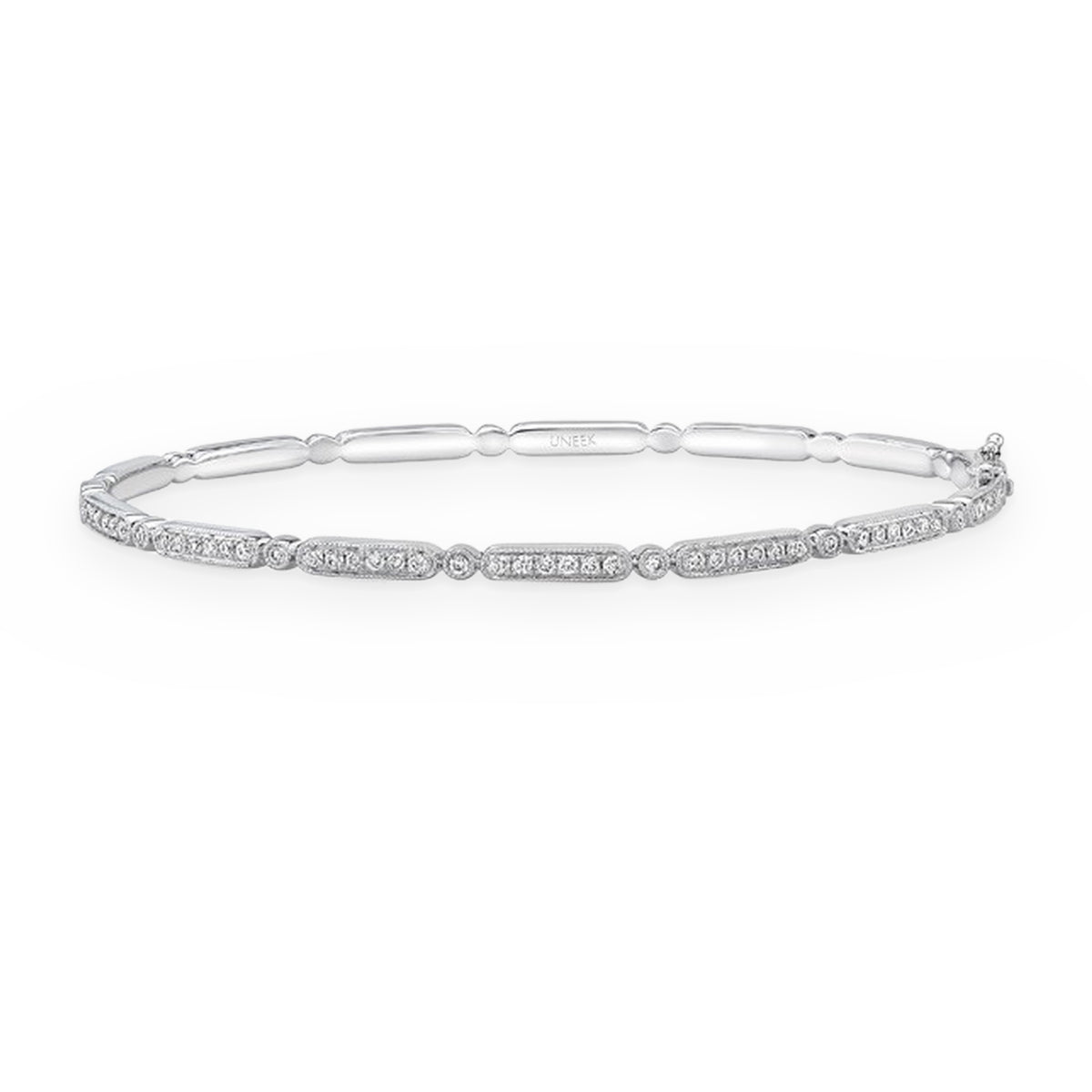 Uneek white gold hinged diamond bangle with alternating bar and bezel stations
