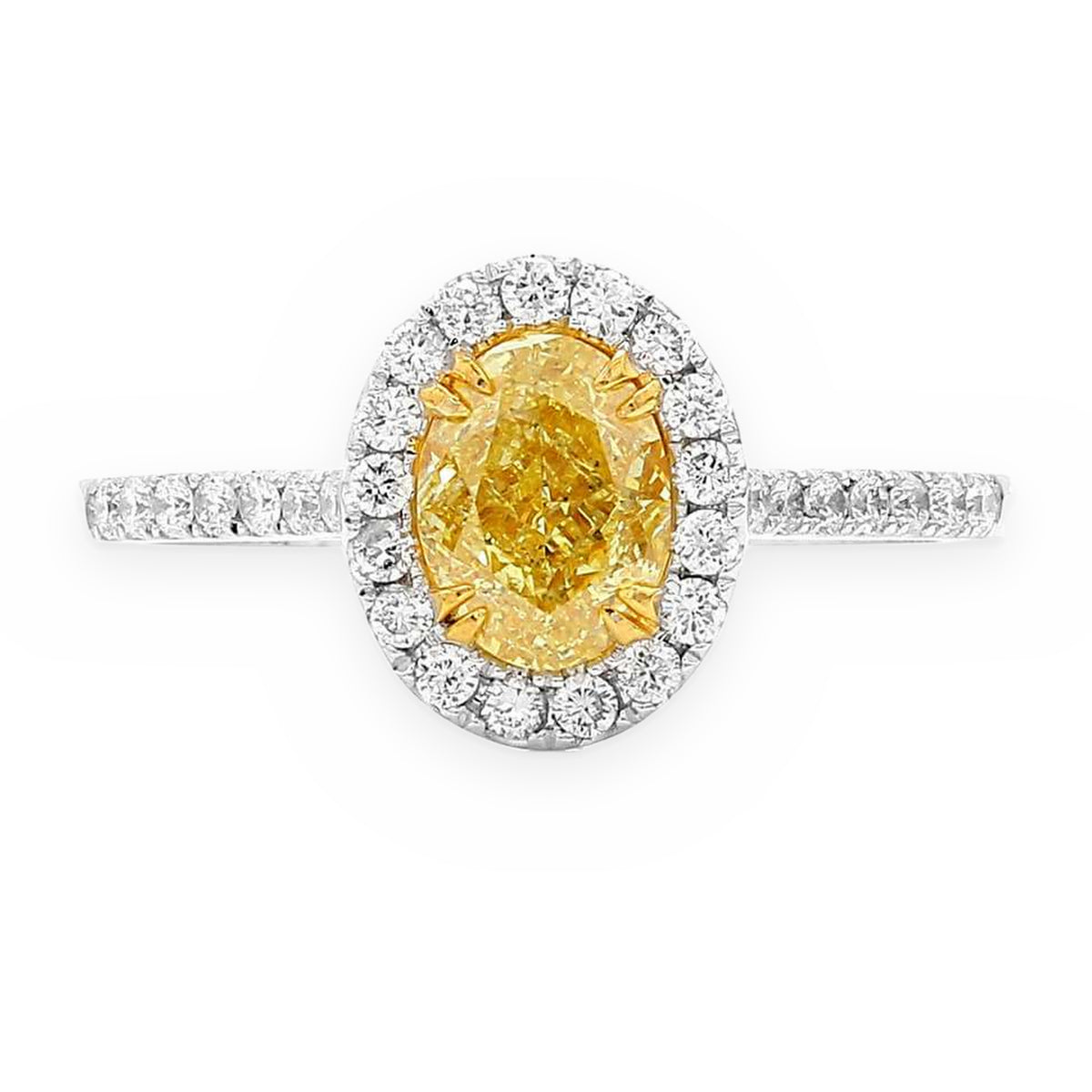 Two-tone gold ring with oval fancy yellow diamond in white diamond halo